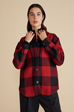 Yün Karışımlı Logo Nakışlı Ekoseli Yün Overshirt - kırmızı siyah ekoseli (görsel 3)