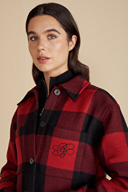 Yün Karışımlı Logo Nakışlı Ekoseli Yün Overshirt - kırmızı siyah ekoseli (görsel 5)