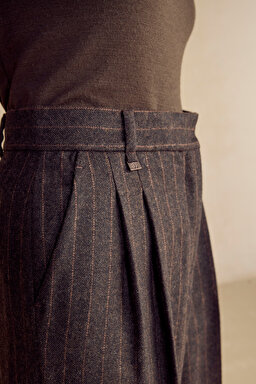 Çift Pileli Çizgili Yün Karışımlı Pantolon - Kahverengi-Camel (görsel 8)