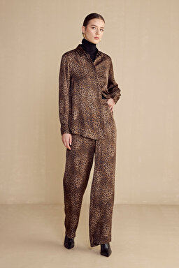 %100 viscose Esnek Belli Leopar Desenli Pantolon - Kahverengi-Siyah