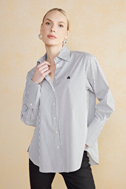 100% Cotton Çizgili Oversize Gömlek - Siyah-Ekru
