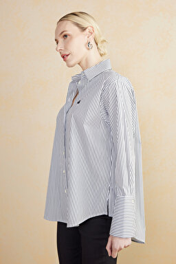 100% Cotton Çizgili Oversize Gömlek - Siyah-Ekru (görsel 2)