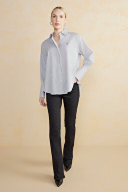 100% Cotton Çizgili Oversize Gömlek - Siyah-Ekru (görsel 3)