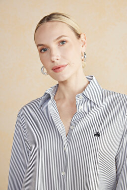 100% Cotton Çizgili Oversize Gömlek - Siyah-Ekru (görsel 4)