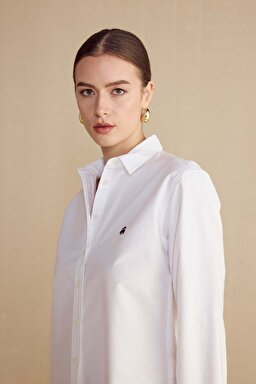 %100 Pamuk Logo Nakışlı Oxford Gömlek - Beyaz (görsel 4)