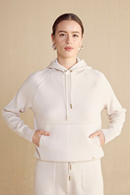 Kapüşonlu Yün Karışımlı Triko Sweatshirt - Krem (görsel 11)
