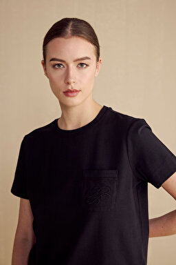 Logo Nakışlı Kadın T-Shirt - Siyah (görsel 4)