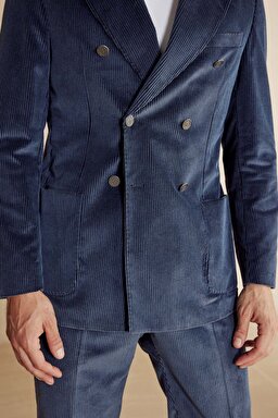 Slim Fit Kadife Karışım Kruvaze Erkek Ceket - Lacivert (görsel 4)