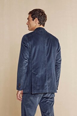 Slim Fit Kadife Karışım Kruvaze Erkek Ceket - Lacivert (görsel 6)