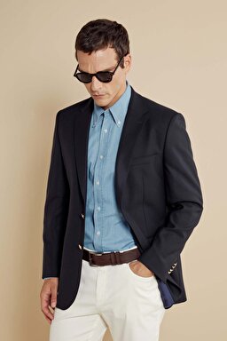  %100 Yün Mono Yaka Regular Fit  Blazer - Lacivert