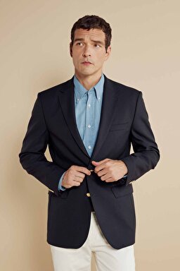  %100 Yün Mono Yaka Regular Fit  Blazer - Lacivert (görsel 3)