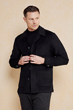 Kaşmir Karışımlı Kapak Cepli Overjacket - Siyah