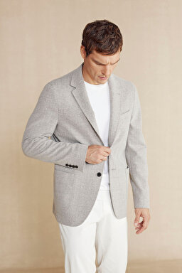 Yün Karışımlı Mono Yaka Slim Fit Örme Ceket - Koyu Bej (görsel 2)