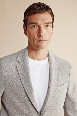 Yün Karışımlı Mono Yaka Slim Fit Örme Ceket - Koyu Bej (görsel 4)