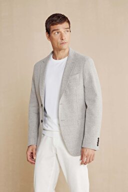 Yün Karışımlı Mono Yaka Slim Fit Örme Ceket - Koyu Bej (görsel 5)