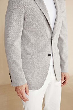 Yün Karışımlı Mono Yaka Slim Fit Örme Ceket - Koyu Bej (görsel 6)