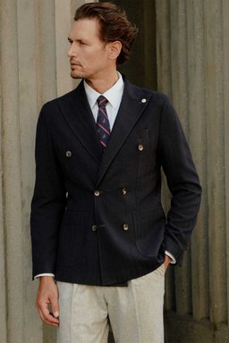 Yün Karışımlı Slim Fit Kruvaze Sivri Yaka Erkek Ceket - Lacivert (görsel 2)