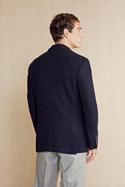 100% Yün Mono Yaka Torba Cep Slim Fit Örme Ceket - Lacivert (görsel 5)