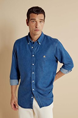   Düğmeli Yaka Regular Fit Denim Gömlek - Lacivert
