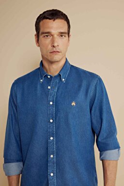   Düğmeli Yaka Regular Fit Denim Gömlek - Lacivert (görsel 5)