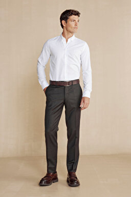 %100 Yün Flannel Klasik Pantolon - Kahverengi