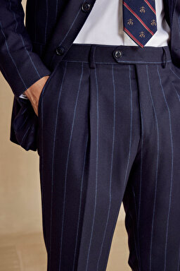 Mono Yaka Slim Fit Yün Erkek Takım Elbise - Lacivert Çizgili (görsel 6)