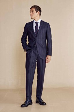 Mono Yaka Slim Fit Yün Erkek Takım Elbise - Lacivert Çizgili (görsel 7)
