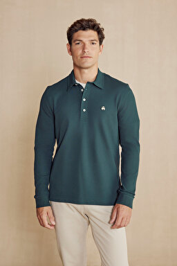 Uzun Kollu Polo Yaka T-Shirt - Koyu Yeşil (görsel 3)