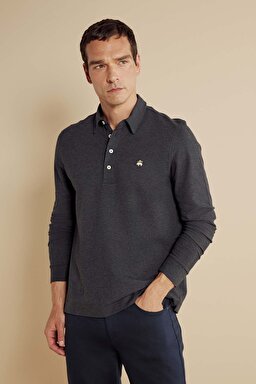  Pamuk Karışımlı Uzun Kollu Pike Polo Yaka Tshirt - Antrasit Melanj