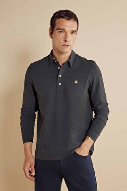  Pamuk Karışımlı Uzun Kollu Pike Polo Yaka Tshirt - Antrasit Melanj (görsel 3)