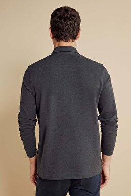 Pamuk Karışımlı Uzun Kollu Pike Polo Yaka Tshirt - Antrasit Melanj (görsel 6)