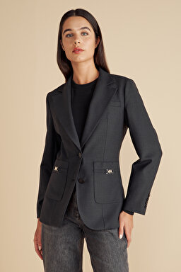 Yün Karışımlı Logo Toka Detaylı Blazer - Antrasit