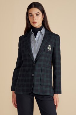 Yün Karışımlı Ekose Desenli Tel Kırma Logolu Mono Blazer - Yeşil-Lacivert