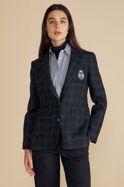 Yün Karışımlı Ekose Desenli Tel Kırma Logolu Mono Blazer - Yeşil-Lacivert (görsel 2)