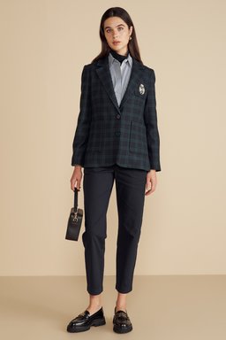 Yün Karışımlı Ekose Desenli Tel Kırma Logolu Mono Blazer - Yeşil-Lacivert (görsel 3)