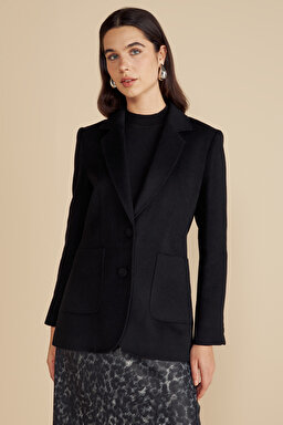 Kaşmir Karışımlı Mono Kapama Puntolu Blazer - Siyah (görsel 2)