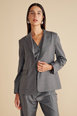 Yün Karışımlı Mono Kapama Yün Blazer - Gri