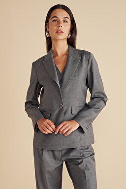 Yün Karışımlı Mono Kapama Yün Blazer - Gri (görsel 2)