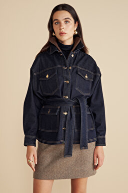 %100 Pamuk  Metal Düğmeli Beli Kuşakli Denim Ceket - Lacivert
