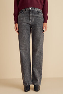 Pamuk Karışımlı Metal Toka Detaylı Straight Fit Denim Pantolon - Antrasit (görsel 3)
