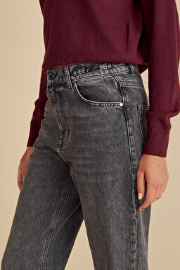 Pamuk Karışımlı Metal Toka Detaylı Straight Fit Denim Pantolon - Antrasit (görsel 5)