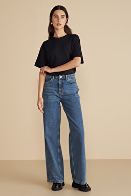 %100 Pamuk Yüksek Bel Wide Leg Denim Pantolon - Mavi