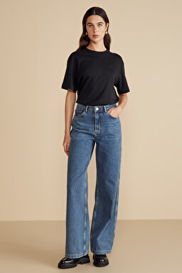 %100 Pamuk Yüksek Bel Wide Leg Denim Pantolon - Mavi (görsel 2)
