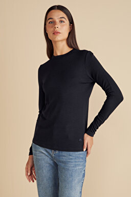 Yün Karışımlı Bisiklet Yaka Örme Bluz - Lacivert (görsel 2)