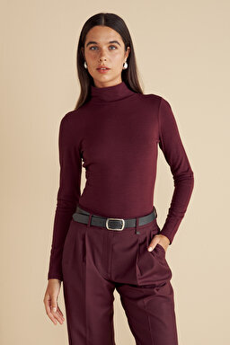 Yün Karışımlı Yarim Balıkçı  Örme Bluz - Bordo