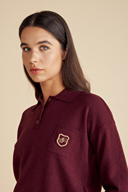 Yün Karışımlı Polo Yaka Peçli Kazak - Bordo (görsel 4)
