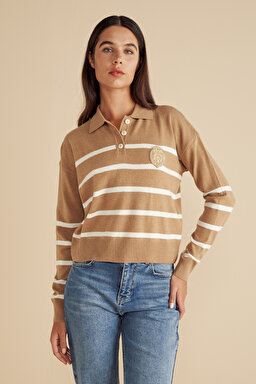 Yün Karışımlı Polo Yaka Çizgili Peçli Kazak - Camel-Ekru (görsel 2)