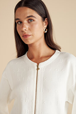 Brooks Brothers Desenli Fermuarlı Triko Mont - Kırık Beyaz (görsel 4)