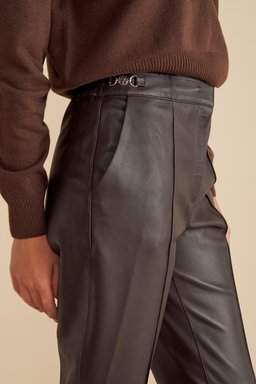 %100 Deri Logo Toka Detaylı Beli Lastikli  Pantolon - Kahverengi (görsel 5)