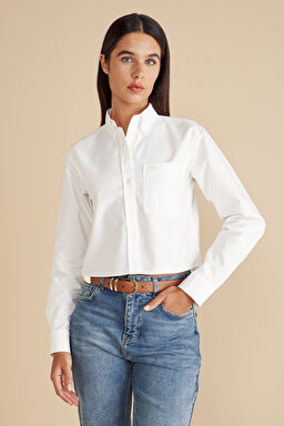 %100 Pamuk Logo Nakışlı Crop Oxford Gömlek - Beyaz